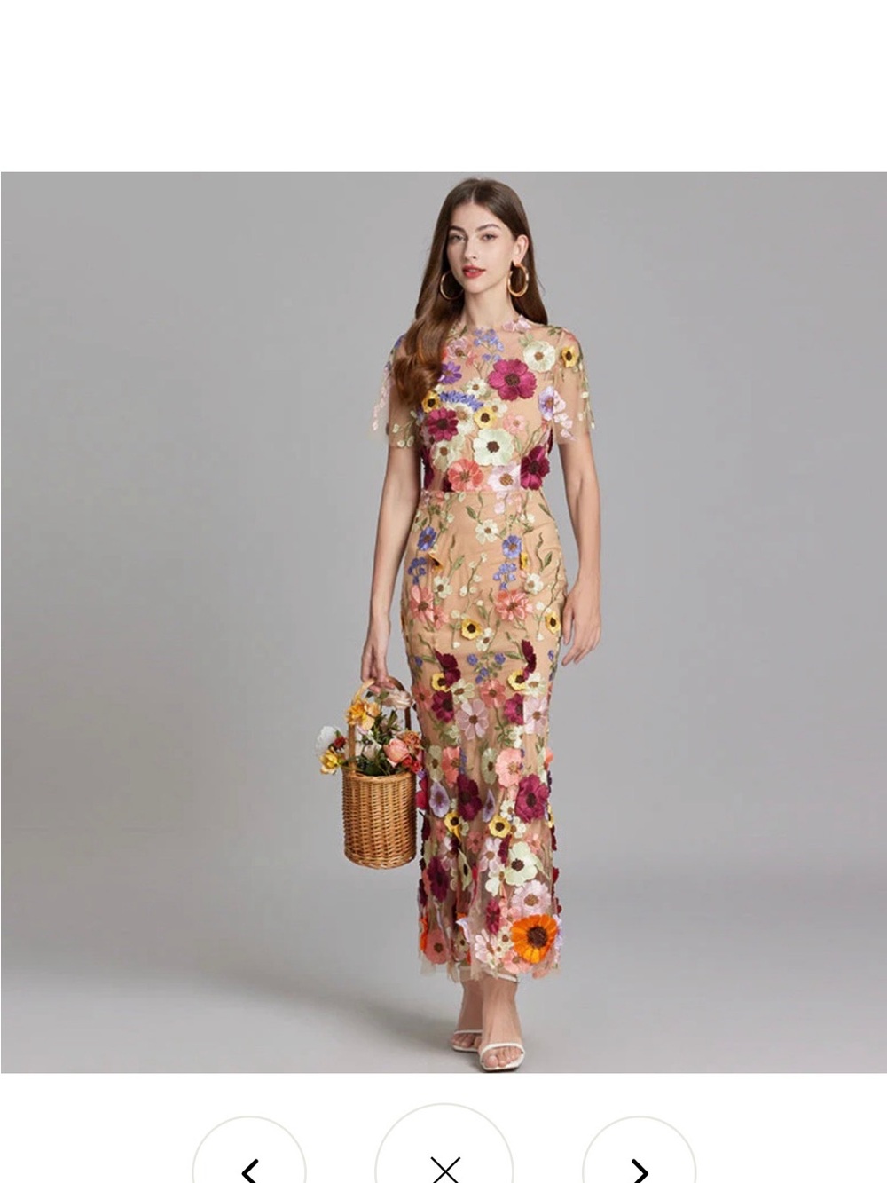 Embroidered Floral Midi Dress in Nude